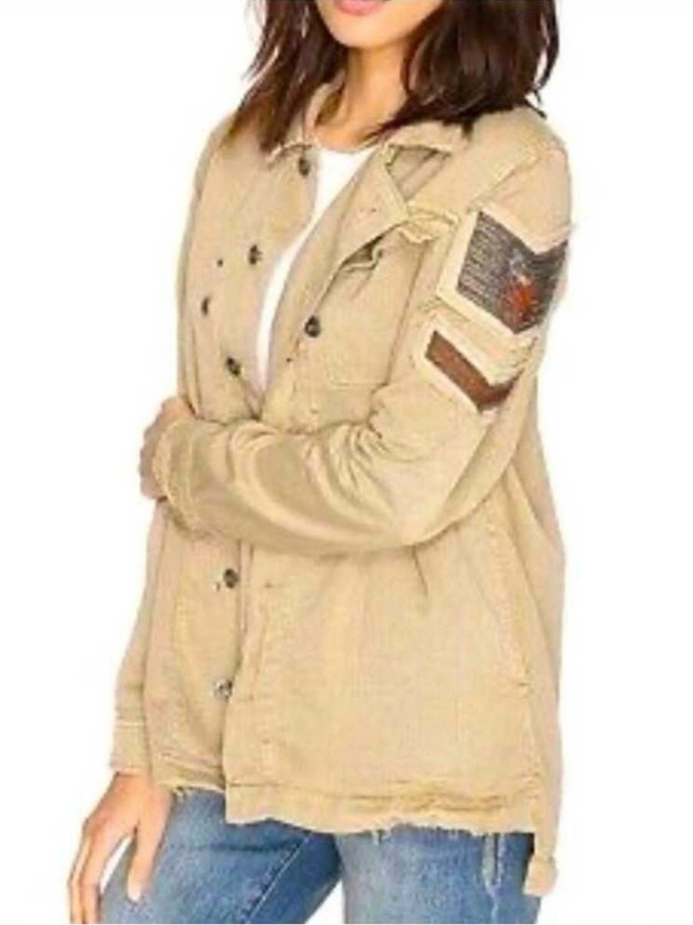 Free People Tan Embellished Military Shirt Jacket Corduroy Beaded Patch XS